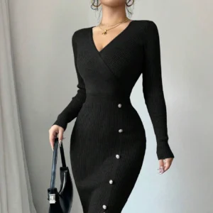 Long Sleeve Button-Down Bodycon Midi Dress for Autumn