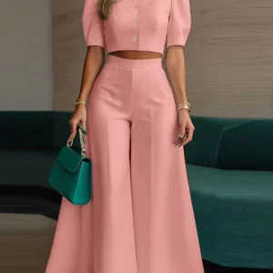 Women's 2 Piece Elegant Cropped Button Blazer and Wide Leg Pant Set